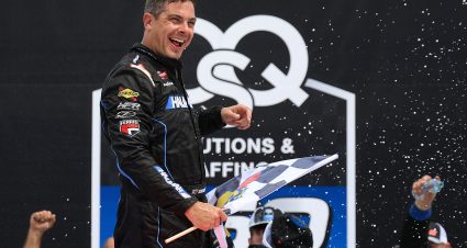 BROOKLYN, MICHIGAN - JUNE 07: Stewart Friesen, driver of the #52 Halmar International Toyota, celebrates in victory lane after winning the NASCAR Craftsman Truck Series DQS Solutions & Staffing 250 Powered by Precision Vehicle Logistics at Michigan International Speedway on June 07, 2025 in Brooklyn, Michigan. (Photo by Chris Graythen/Getty Images) | Getty Images