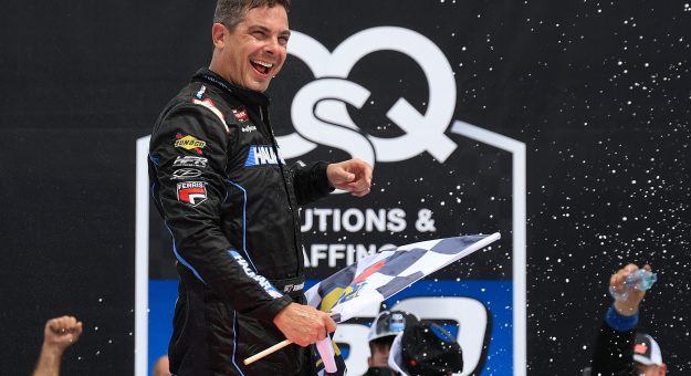 BROOKLYN, MICHIGAN - JUNE 07: Stewart Friesen, driver of the #52 Halmar International Toyota, celebrates in victory lane after winning the NASCAR Craftsman Truck Series DQS Solutions & Staffing 250 Powered by Precision Vehicle Logistics at Michigan International Speedway on June 07, 2025 in Brooklyn, Michigan. (Photo by Chris Graythen/Getty Images) | Getty Images