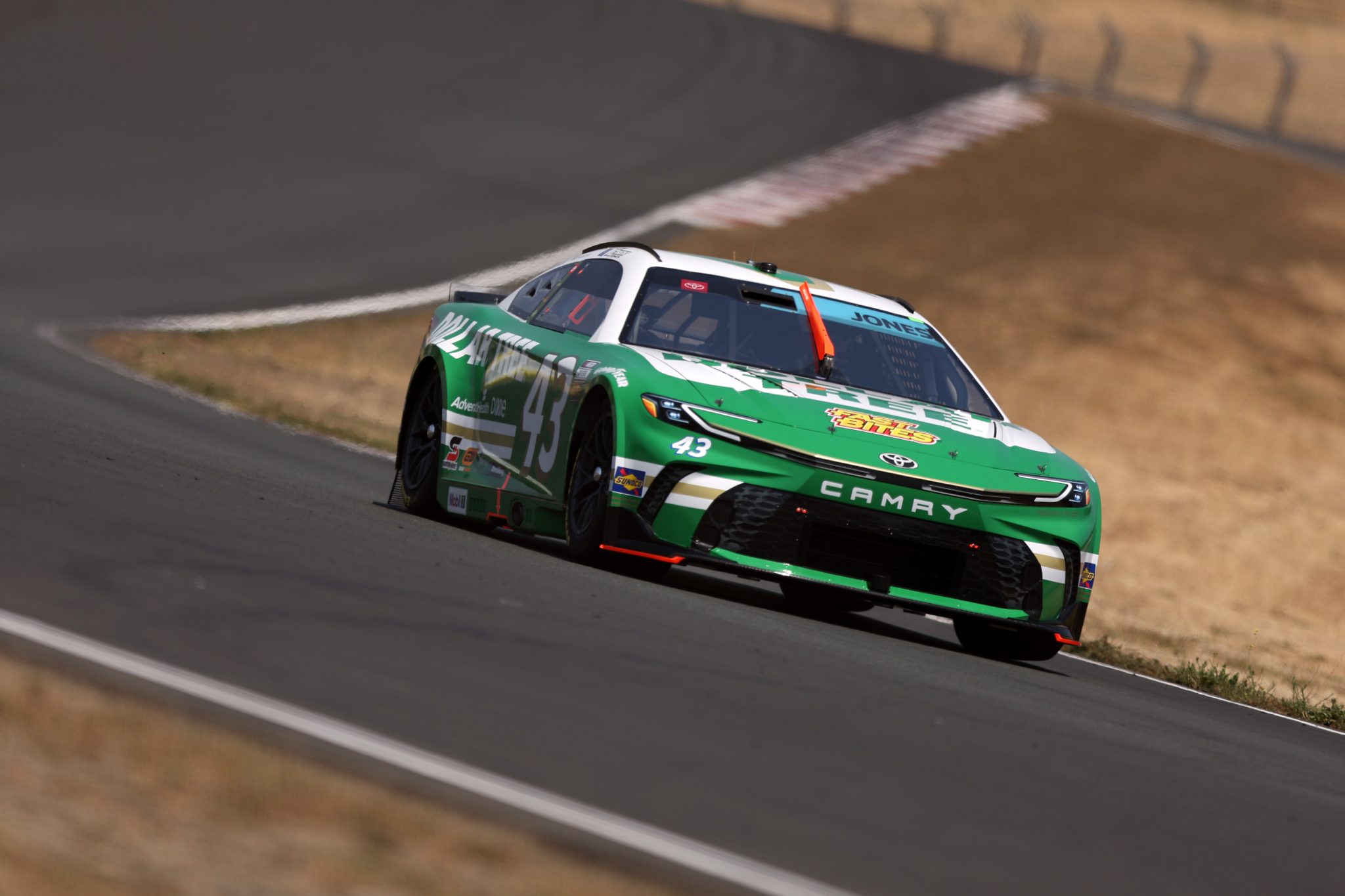 SONOMA, CALIFORNIA - JULY 12: Erik Jones, driver of the #43 Dollar Tree Toyota, drives during qualifying for the NASCAR Cup Series Toyota/Save Mart 350 at Sonoma Raceway on July 12, 2025 in Sonoma, California. (Photo by Meg Oliphant/Getty Images) | Getty Images