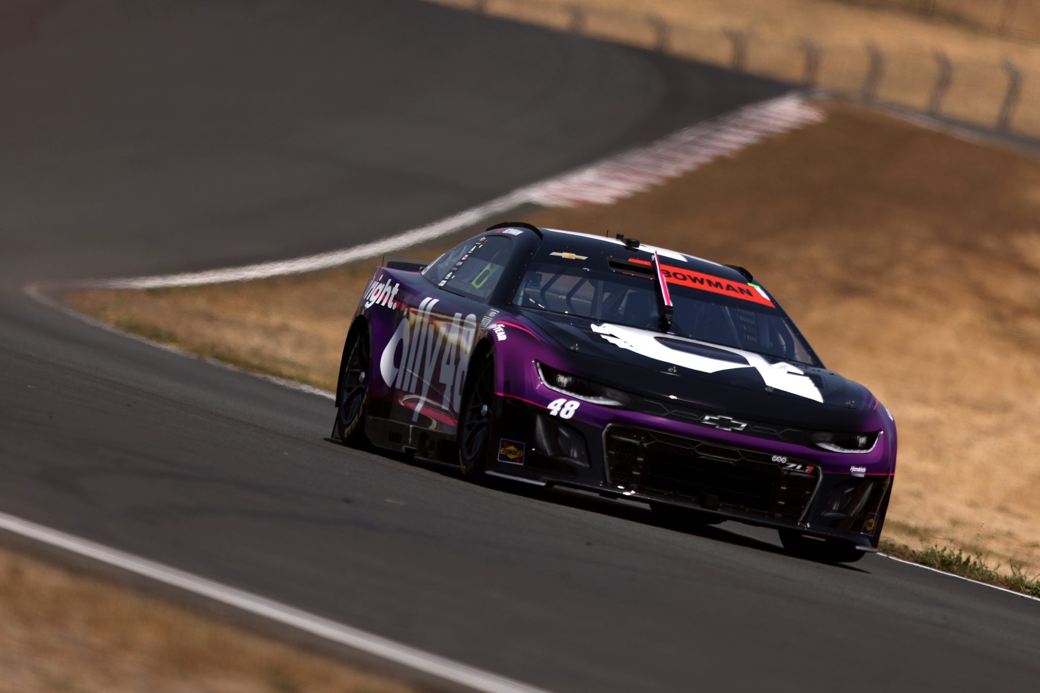 SONOMA, CALIFORNIA - JULY 12: Alex Bowman, driver of the #48 Ally Chevrolet, drives during qualifying for the NASCAR Cup Series Toyota/Save Mart 350 at Sonoma Raceway on July 12, 2025 in Sonoma, California. (Photo by Meg Oliphant/Getty Images) | Getty Images
