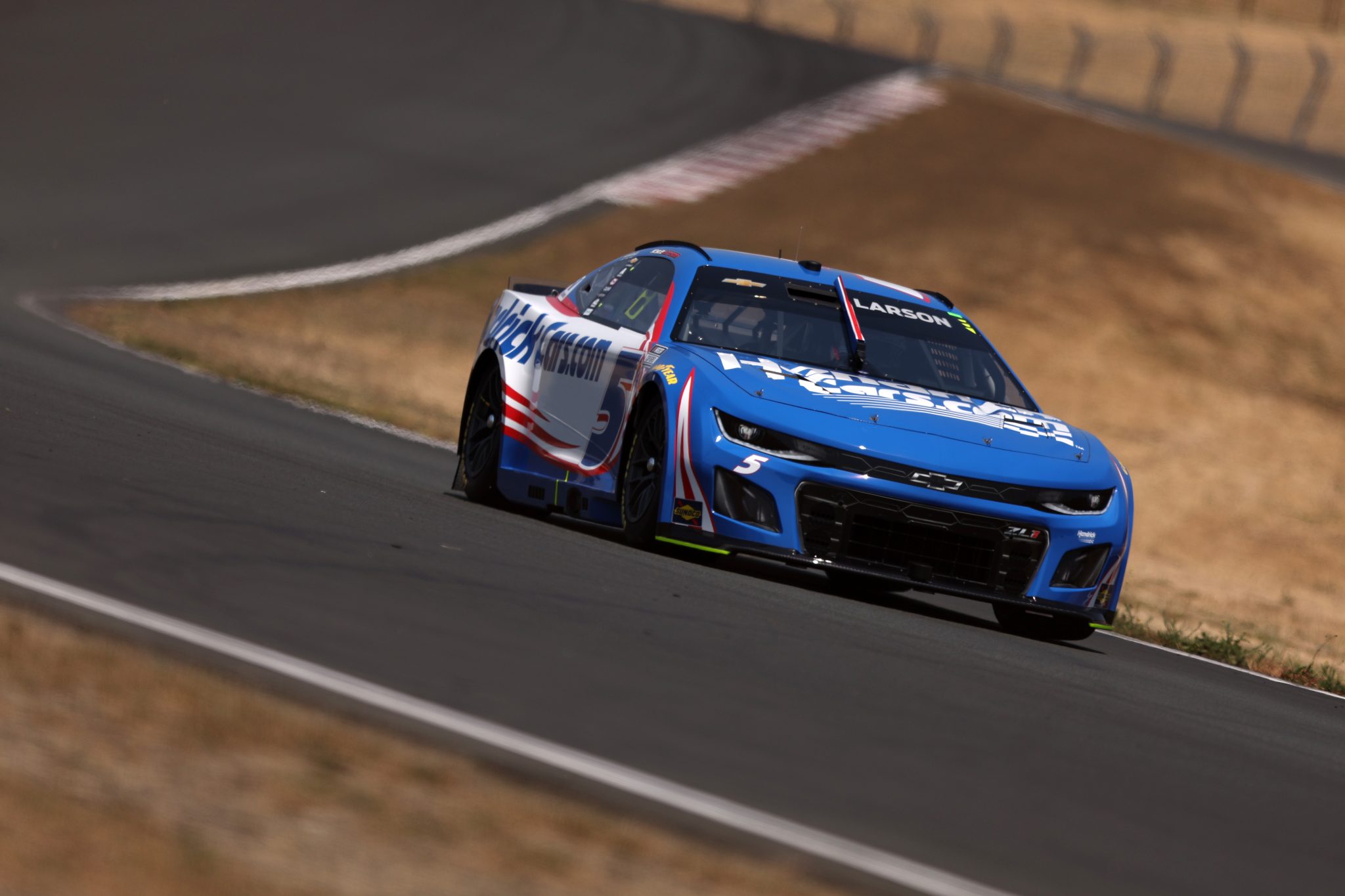 SONOMA, CALIFORNIA - JULY 12: Kyle Larson, driver of the #5 HendrickCars.com Chevrolet, drives during qualifying for the NASCAR Cup Series Toyota/Save Mart 350 at Sonoma Raceway on July 12, 2025 in Sonoma, California. (Photo by Meg Oliphant/Getty Images) | Getty Images