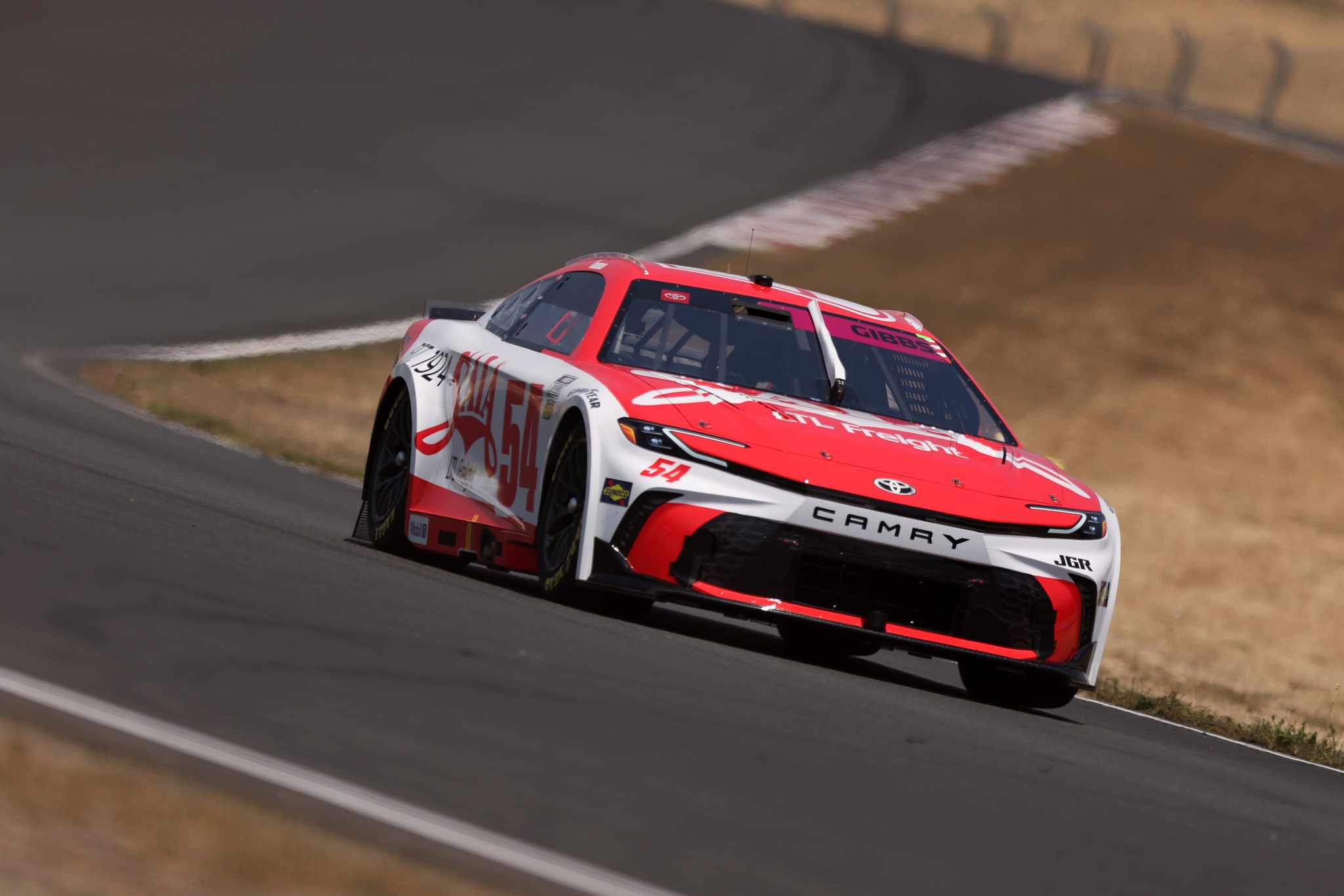 SONOMA, CALIFORNIA - JULY 12: Ty Gibbs, driver of the #54 SAIA LTL Freight Toyota, drives during qualifying for the NASCAR Cup Series Toyota/Save Mart 350 at Sonoma Raceway on July 12, 2025 in Sonoma, California. (Photo by Meg Oliphant/Getty Images) | Getty Images