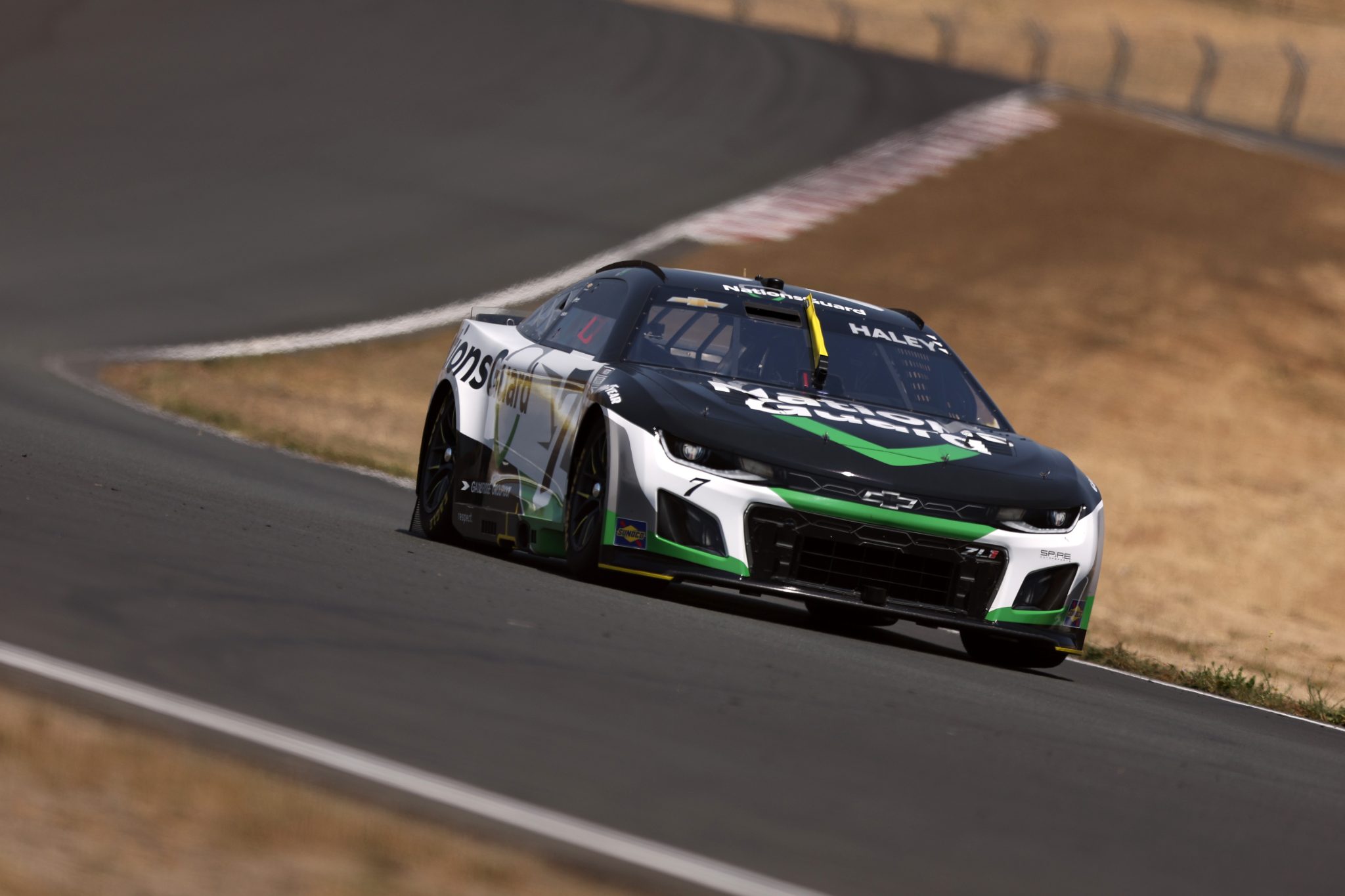 SONOMA, CALIFORNIA - JULY 12: Justin Haley, driver of the #7 NationsGuard Chevrolet, drives during qualifying for the NASCAR Cup Series Toyota/Save Mart 350 at Sonoma Raceway on July 12, 2025 in Sonoma, California. (Photo by Meg Oliphant/Getty Images) | Getty Images