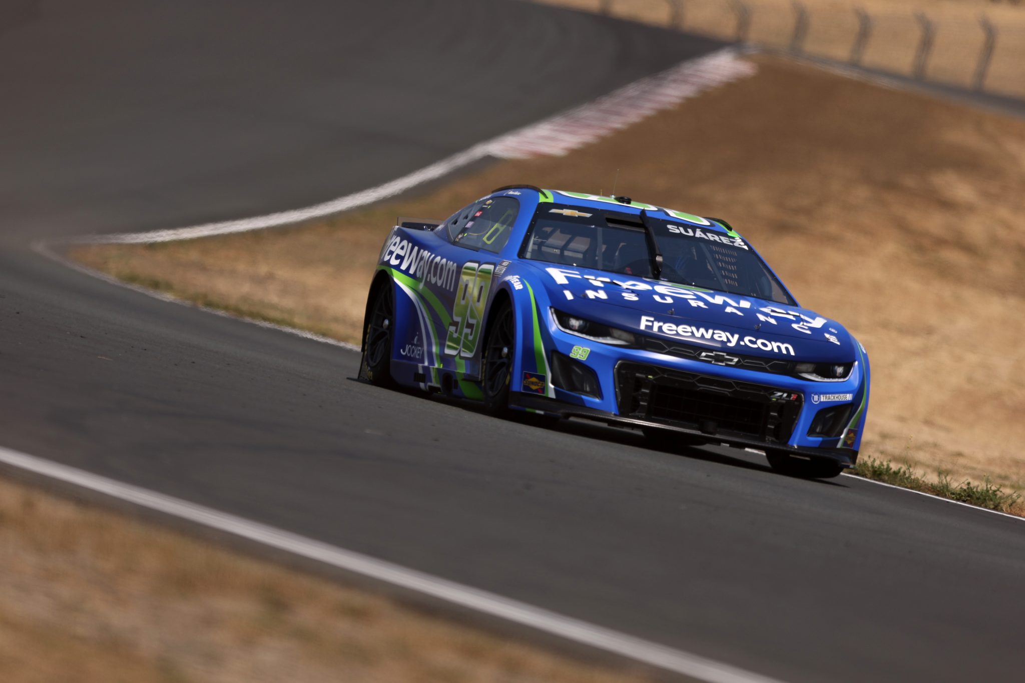 SONOMA, CALIFORNIA - JULY 12: Daniel Suarez, driver of the #99 Freeway Insurance Chevrolet, drives during qualifying for the NASCAR Cup Series Toyota/Save Mart 350 at Sonoma Raceway on July 12, 2025 in Sonoma, California. (Photo by Meg Oliphant/Getty Images) | Getty Images