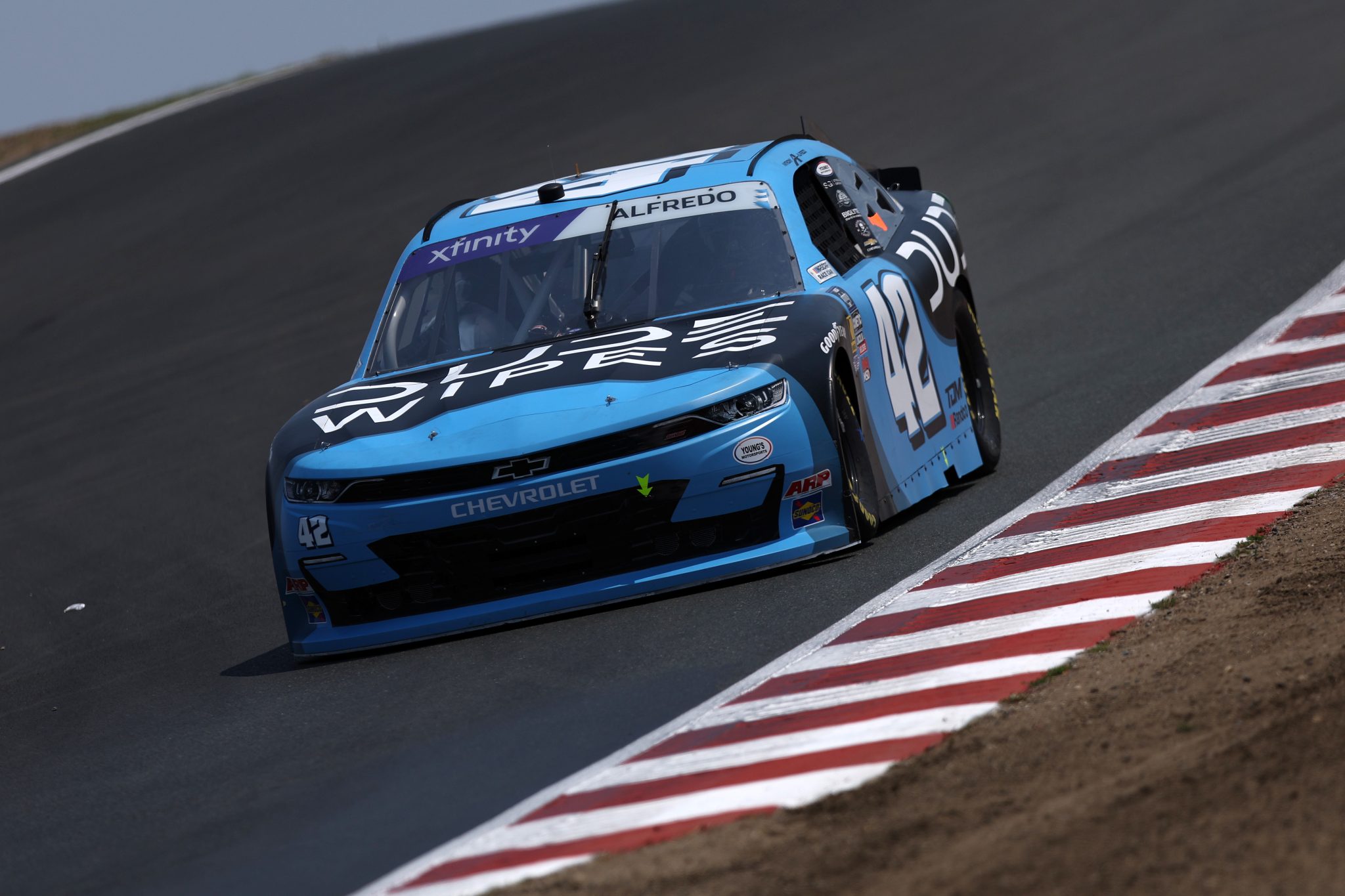 SONOMA, CALIFORNIA - JULY 11: Anthony Alfredo, driver of the #42 Dude Wipes Chevrolet, drives during qualifying for the NASCAR Xfinity Series Pit Boss/FoodMaxx 250 at Sonoma Raceway on July 11, 2025 in Sonoma, California. (Photo by Meg Oliphant/Getty Images) | Getty Images