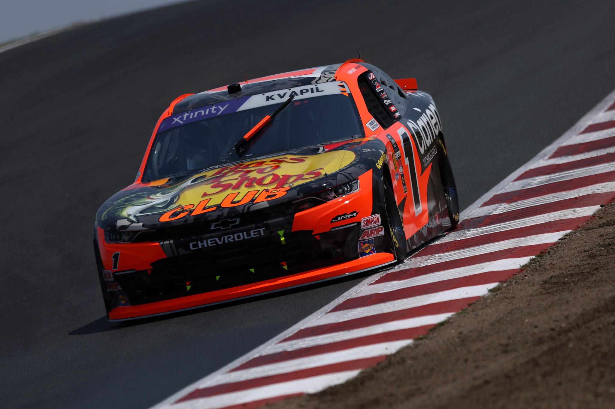 SONOMA, CALIFORNIA - JULY 11: Carson Kvapil, driver of the #1 Bass Pro Shops/Clarience Tech Chevrolet, drives during qualifying for the NASCAR Xfinity Series Pit Boss/FoodMaxx 250 at Sonoma Raceway on July 11, 2025 in Sonoma, California. (Photo by Meg Oliphant/Getty Images) | Getty Images