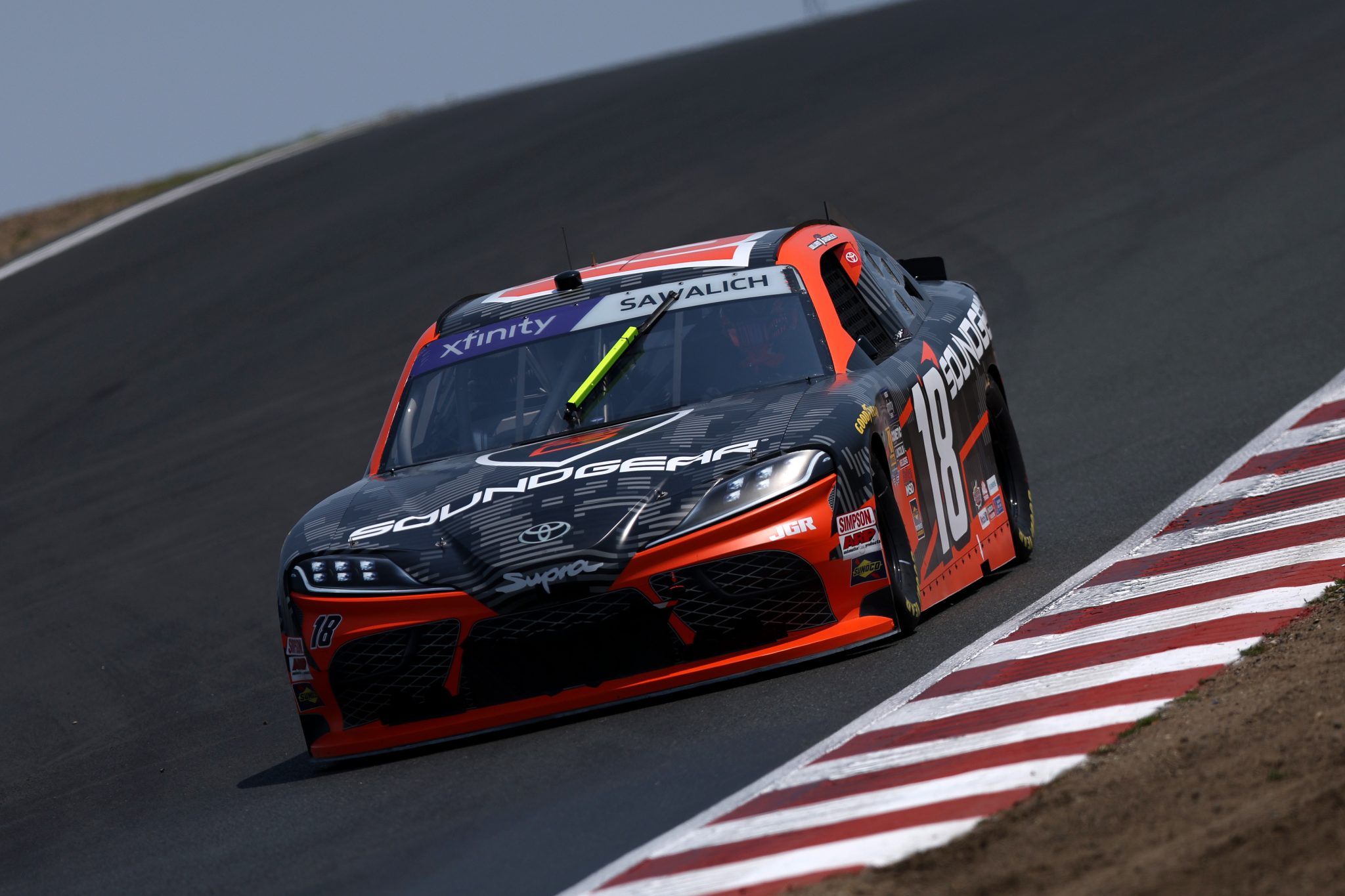 SONOMA, CALIFORNIA - JULY 11: William Sawalich, driver of the #18 Soundgear Toyota, drives during qualifying for the NASCAR Xfinity Series Pit Boss/FoodMaxx 250 at Sonoma Raceway on July 11, 2025 in Sonoma, California. (Photo by Meg Oliphant/Getty Images) | Getty Images