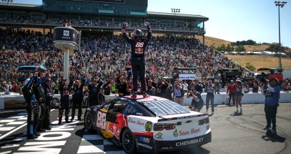 SONOMA, CALIFORNIA - JULY 13: Shane Van Gisbergen, driver of the #88 Red Bull Chevrolet, celebrates after winning the NASCAR Cup Series Toyota/Save Mart 350 at Sonoma Raceway on July 13, 2025 in Sonoma, California. (Photo by Chris Graythen/Getty Images) | Getty Images