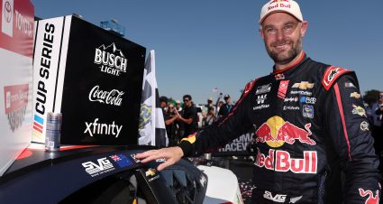 SONOMA, CALIFORNIA - JULY 13: Shane Van Gisbergen, driver of the #88 Red Bull Chevrolet, poses with the winner sticker on his car in victory lane after winning the NASCAR Cup Series Toyota/Save Mart 350 at Sonoma Raceway on July 13, 2025 in Sonoma, California. (Photo by Meg Oliphant/Getty Images) | Getty Images