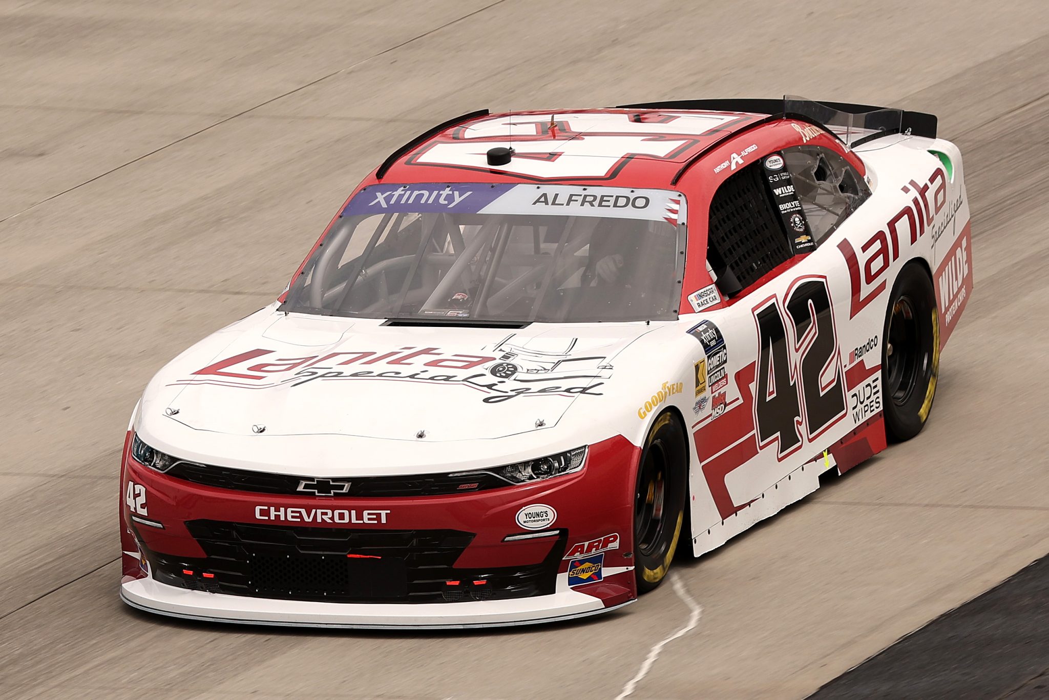 DOVER, DELAWARE - JULY 19: Anthony Alfredo, driver of the #42 Lanita Specialized Chevrolet, drives during practice for the NASCAR Xfinity Series BetRivers 200 at Dover Motor Speedway on July 19, 2025 in Dover, Delaware. (Photo by Meg Oliphant/Getty Images) | Getty Images