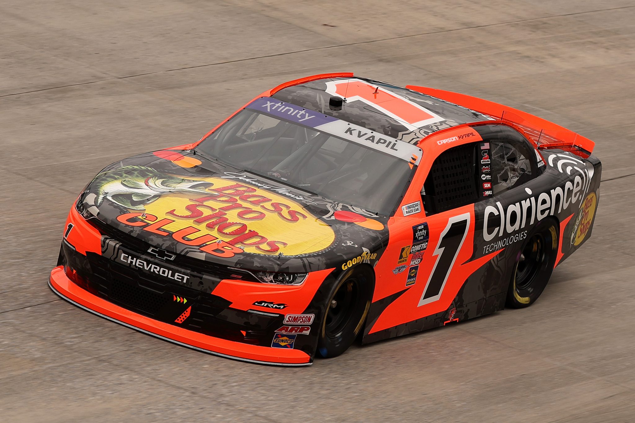 DOVER, DELAWARE - JULY 19: Carson Kvapil, driver of the #1 Bass Pro Shops/Clarience Tech Chevrolet, drives during practice for the NASCAR Xfinity Series BetRivers 200 at Dover Motor Speedway on July 19, 2025 in Dover, Delaware. (Photo by Meg Oliphant/Getty Images) | Getty Images