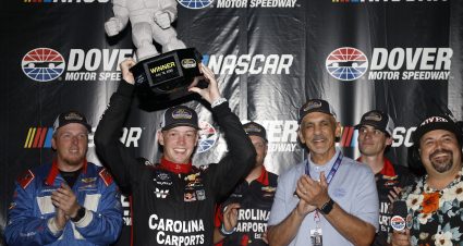 DOVER, DELAWARE - JULY 19: Connor Zilisch, driver of the #88 Carolina Carports Chevrolet, celebrates in victory lane after winning  the NASCAR Xfinity Series BetRivers 200 at Dover Motor Speedway on July 19, 2025 in Dover, Delaware. (Photo by Sean Gardner/Getty Images) | Getty Images