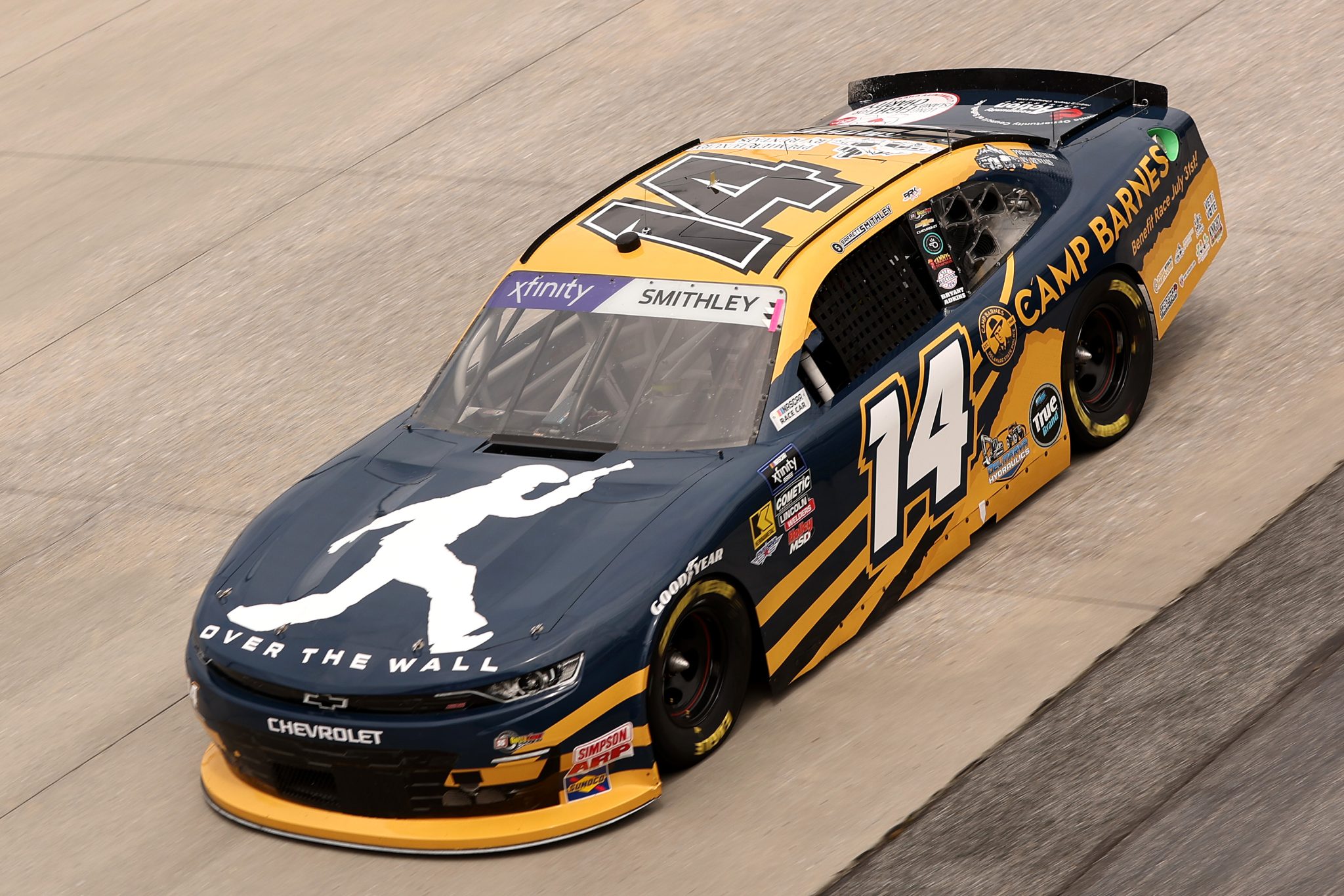 DOVER, DELAWARE - JULY 19: Garrett Smithley, driver of the #14 Camp Barnes Chevrolet, drives during practice for the NASCAR Xfinity Series BetRivers 200 at Dover Motor Speedway on July 19, 2025 in Dover, Delaware. (Photo by Meg Oliphant/Getty Images) | Getty Images