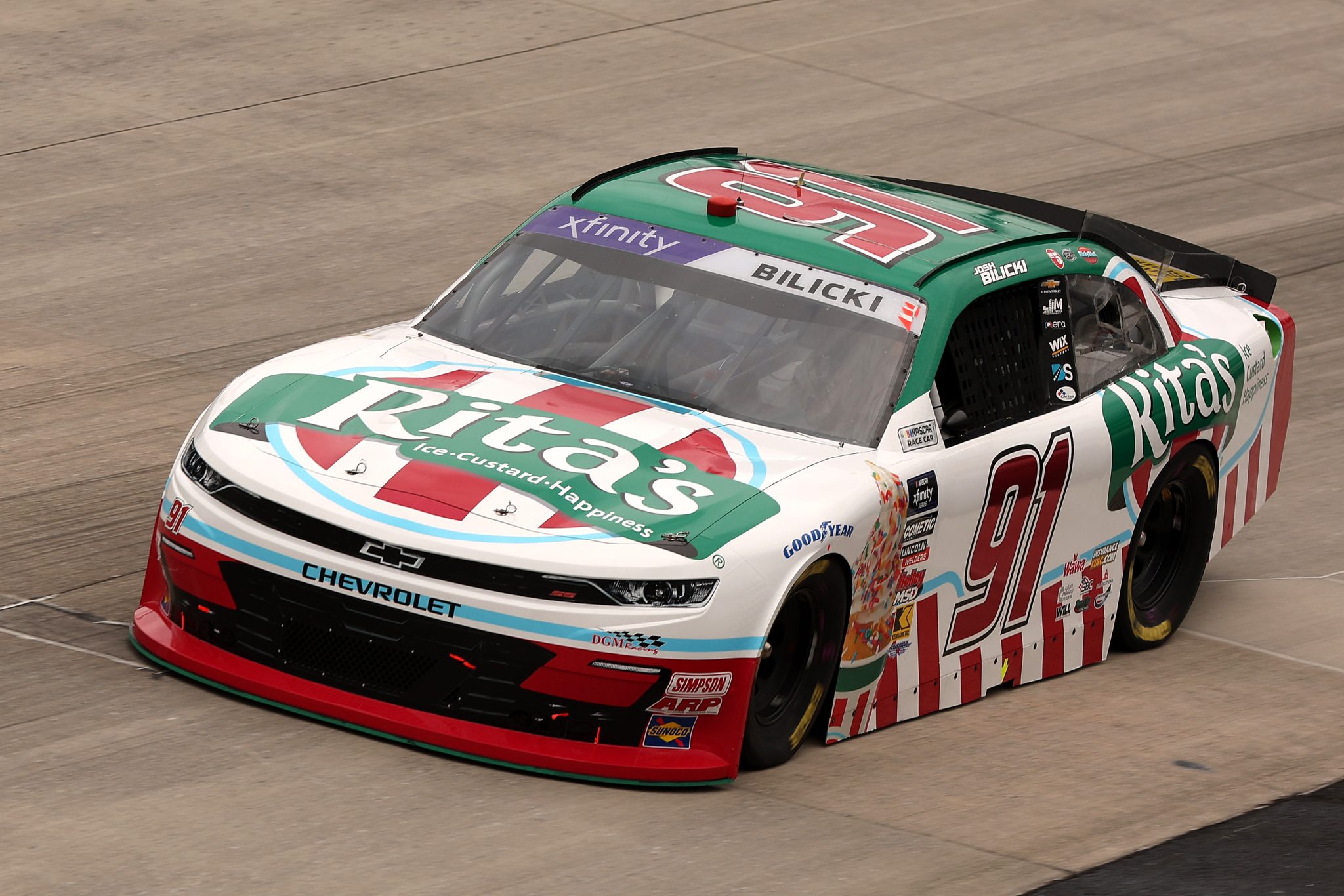 DOVER, DELAWARE - JULY 19: Josh Bilicki, driver of the #91 Rita's Italian Ice Chevrolet, drives during practice for the NASCAR Xfinity Series BetRivers 200 at Dover Motor Speedway on July 19, 2025 in Dover, Delaware. (Photo by Meg Oliphant/Getty Images) | Getty Images