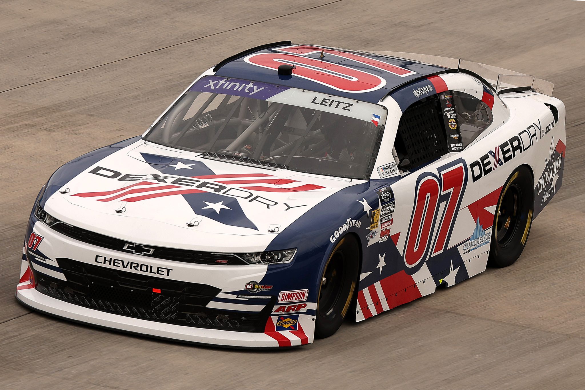 DOVER, DELAWARE - JULY 19: Nick Leitz, driver of the #07 DexerDry.com Chevrolet, drives during practice for the NASCAR Xfinity Series BetRivers 200 at Dover Motor Speedway on July 19, 2025 in Dover, Delaware. (Photo by Meg Oliphant/Getty Images) | Getty Images