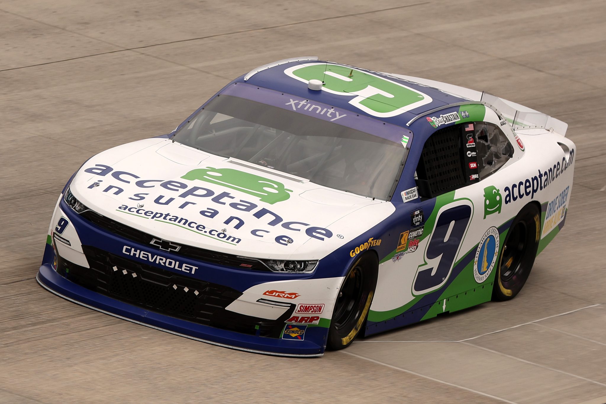DOVER, DELAWARE - JULY 19: Ross Chastain, driver of the #9 Acceptance Insurance Chevrolet, drives during practice for the NASCAR Xfinity Series BetRivers 200 at Dover Motor Speedway on July 19, 2025 in Dover, Delaware. (Photo by Meg Oliphant/Getty Images) | Getty Images