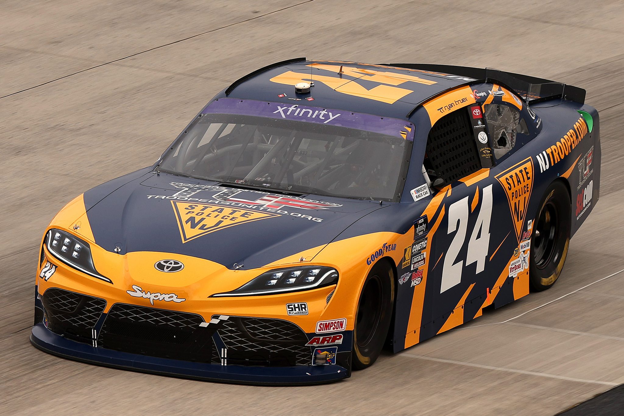 DOVER, DELAWARE - JULY 19: Ryan Truex, driver of the #24 New Jersey State Police Toyota, drives during practice for the NASCAR Xfinity Series BetRivers 200 at Dover Motor Speedway on July 19, 2025 in Dover, Delaware. (Photo by Meg Oliphant/Getty Images) | Getty Images