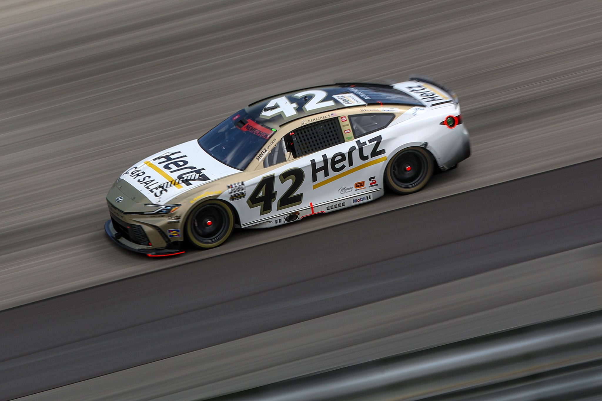DOVER, DELAWARE - JULY 20: John H. Nemechek, driver of the #42 Hertz Toyota, drives during the NASCAR Cup Series AutoTrader EchoPark Automotive 400 at Dover Motor Speedway on July 20, 2025 in Dover, Delaware. (Photo by Meg Oliphant/Getty Images) | Getty Images