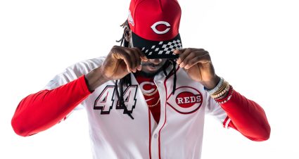 ATLANTA, GA - MAY 06: Elly De La Cruz #44 of the Cincinnati Reds during the MLB Speedway Classic uniform shoot at Truist Park on Tuesday, May 6, 2025 in Atlanta, Georgia. (Photo by Daniel Shirey/MLB Photos via Getty Images)