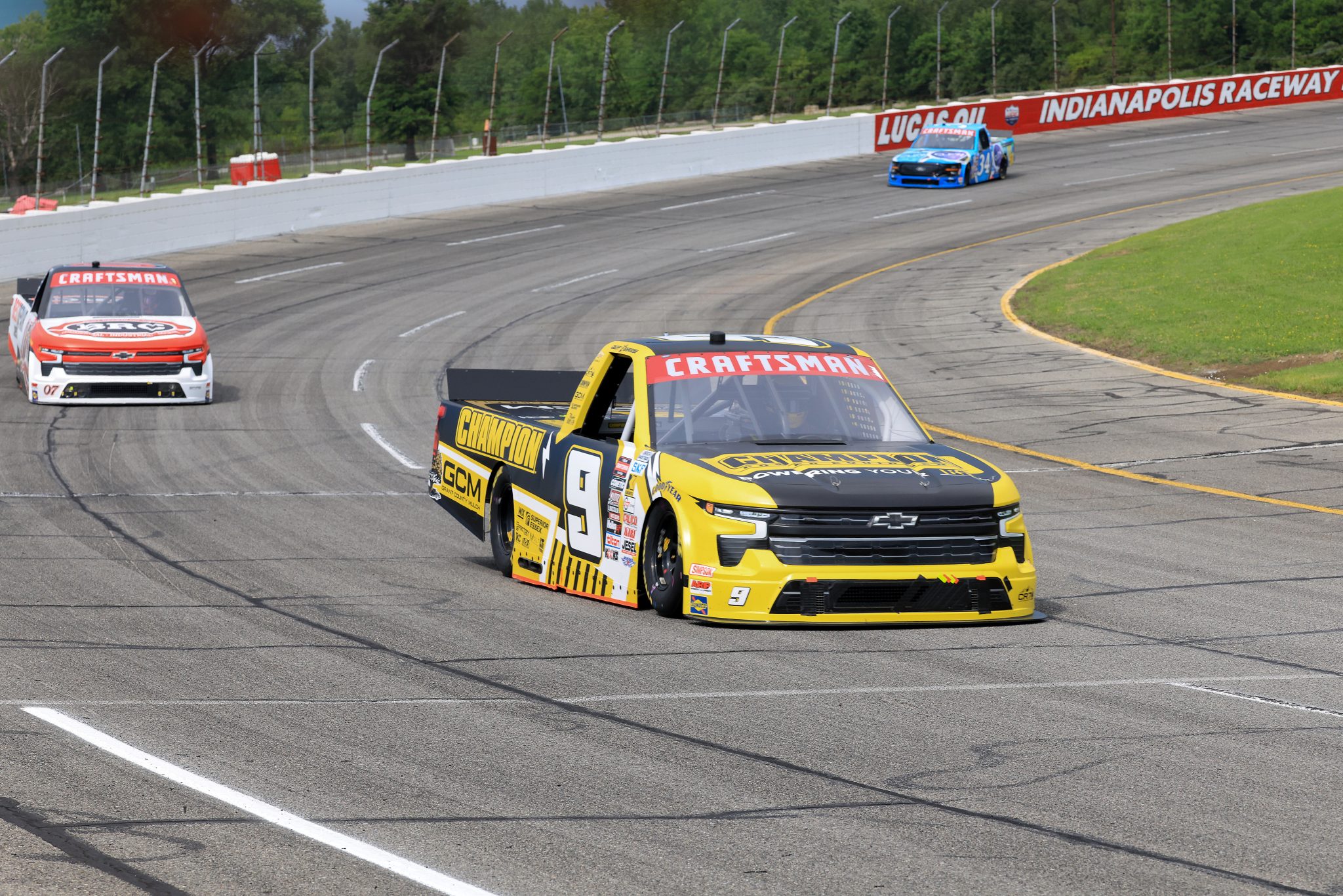 INDIANAPOLIS, INDIANA - JULY 25: Grant Enfinger, driver of the #9 Champion Power Equipment Chevrolet, drives during practice for the NASCAR Craftsman Truck Series TSport 200 at Lucas Oil Indianapolis Raceway Park on July 25, 2025 in Indianapolis, Indiana. (Photo by Justin Casterline/Getty Images) | Getty Images