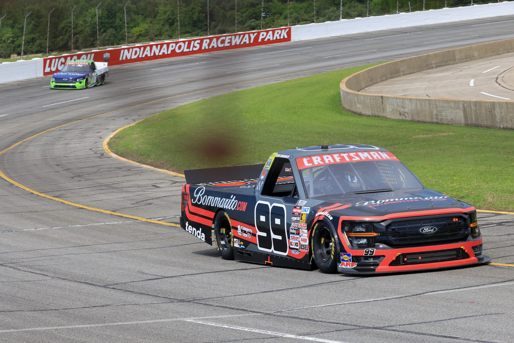 INDIANAPOLIS, INDIANA - JULY 25: Ben Rhodes, driver of the #99 Bommarito Automotive Group Ford, drives during practice for the NASCAR Craftsman Truck Series TSport 200 at Lucas Oil Indianapolis Raceway Park on July 25, 2025 in Indianapolis, Indiana. (Photo by Justin Casterline/Getty Images) | Getty Images