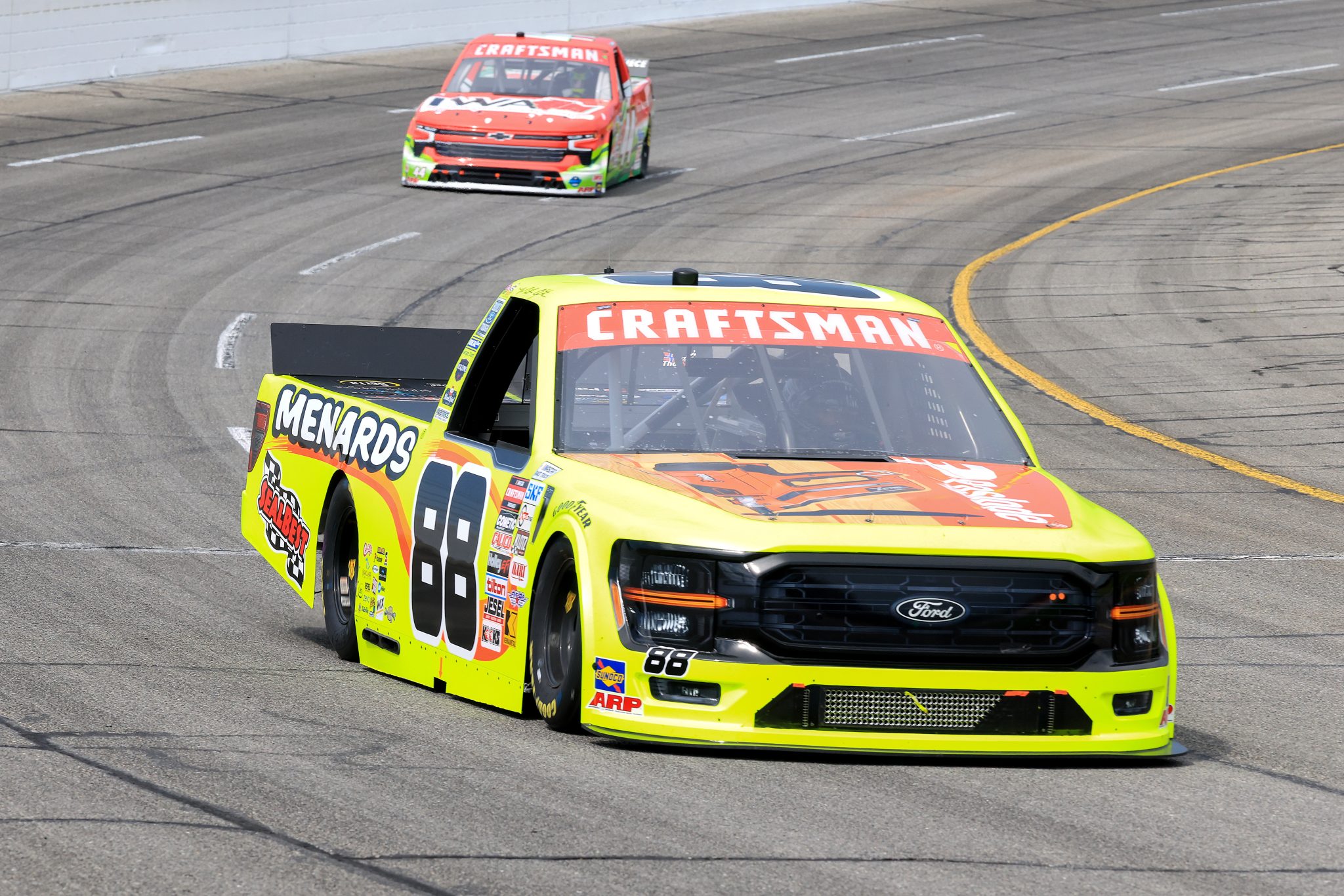 INDIANAPOLIS, INDIANA - JULY 25: Matt Crafton, driver of the #88 Pasiode/Menards Ford, drives during practice for the NASCAR Craftsman Truck Series TSport 200 at Lucas Oil Indianapolis Raceway Park on July 25, 2025 in Indianapolis, Indiana. (Photo by Justin Casterline/Getty Images) | Getty Images