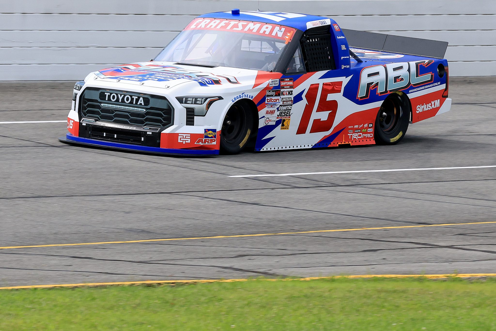 INDIANAPOLIS, INDIANA - JULY 25: Tanner Gray, driver of the #15 Adv Business Communications Toyota, drives during practice for the NASCAR Craftsman Truck Series TSport 200 at Lucas Oil Indianapolis Raceway Park on July 25, 2025 in Indianapolis, Indiana. (Photo by Justin Casterline/Getty Images) | Getty Images