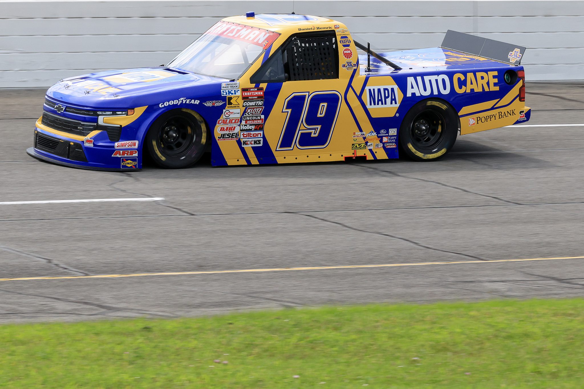 INDIANAPOLIS, INDIANA - JULY 25: Daniel Hemric, driver of the #19 NAPA Auto Care Chevrolet, drives during practice for the NASCAR Craftsman Truck Series TSport 200 at Lucas Oil Indianapolis Raceway Park on July 25, 2025 in Indianapolis, Indiana. (Photo by Justin Casterline/Getty Images) | Getty Images
