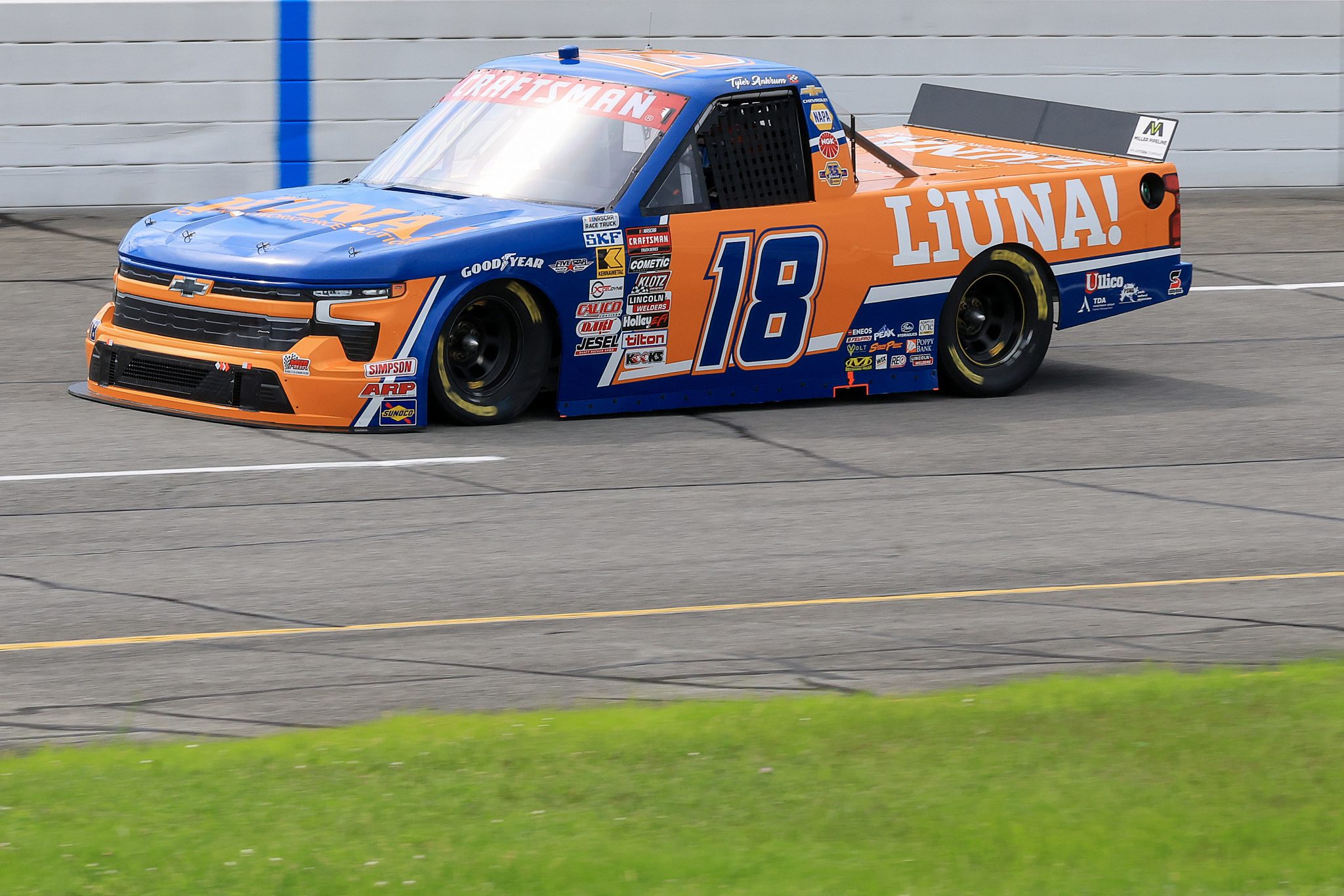 INDIANAPOLIS, INDIANA - JULY 25: Tyler Ankrum, driver of the #18 LiUNA! Chevrolet, drives during practice for the NASCAR Craftsman Truck Series TSport 200 at Lucas Oil Indianapolis Raceway Park on July 25, 2025 in Indianapolis, Indiana. (Photo by Justin Casterline/Getty Images) | Getty Images