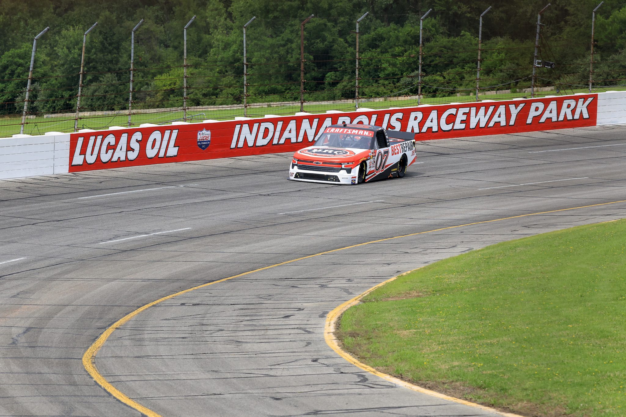 INDIANAPOLIS, INDIANA - JULY 25: Brenden Queen, driver of the #07 Best Repair Company Chevrolet, drives during practice for the NASCAR Craftsman Truck Series TSport 200 at Lucas Oil Indianapolis Raceway Park on July 25, 2025 in Indianapolis, Indiana. (Photo by Justin Casterline/Getty Images) | Getty Images