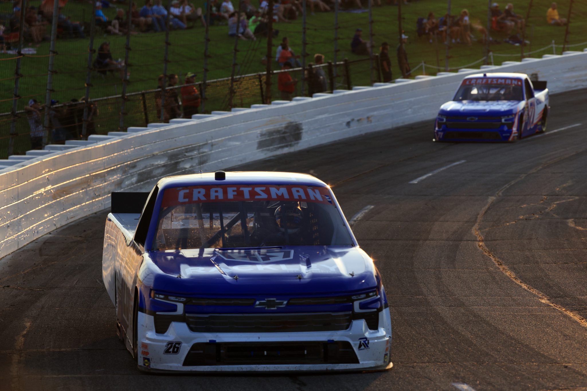 INDIANAPOLIS, INDIANA - JULY 25: Dawson Sutton, driver of the #26 Rackley Roofing Chevrolet, drives during the NASCAR Craftsman Truck Series TSport 200 at Lucas Oil Indianapolis Raceway Park on July 25, 2025 in Indianapolis, Indiana. (Photo by Justin Casterline/Getty Images) | Getty Images