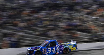 INDIANAPOLIS, INDIANA - JULY 25: Layne Riggs, driver of the #34 Clew Ford, drives during the NASCAR Craftsman Truck Series TSport 200 at Lucas Oil Indianapolis Raceway Park on July 25, 2025 in Indianapolis, Indiana. (Photo by Justin Casterline/Getty Images) | Getty Images