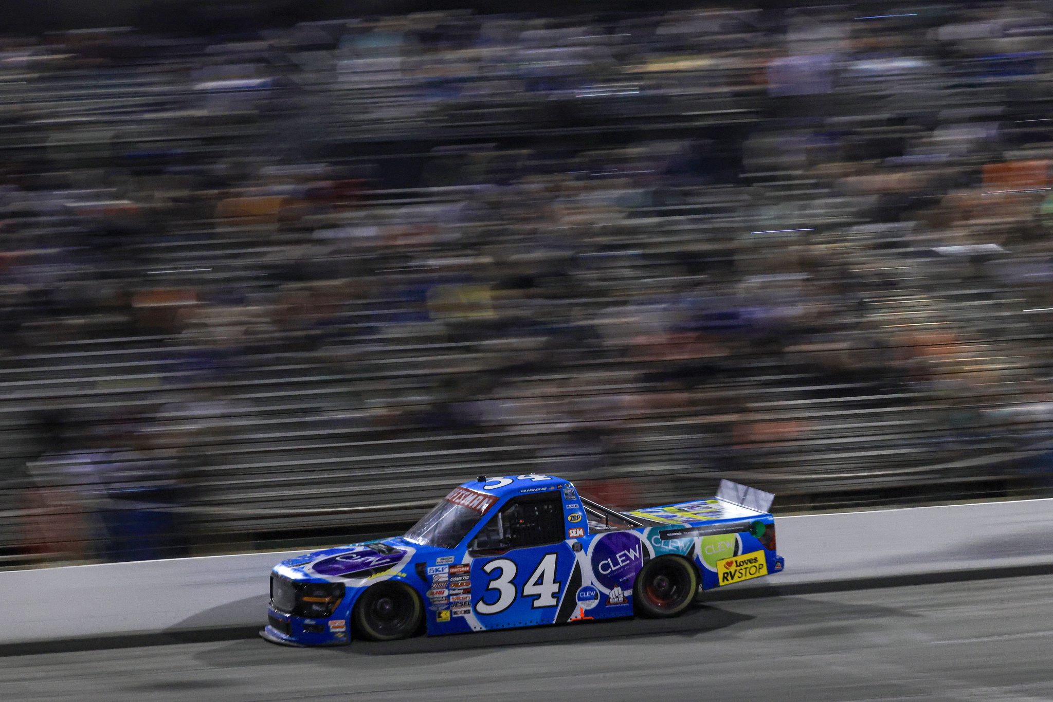 INDIANAPOLIS, INDIANA - JULY 25: Layne Riggs, driver of the #34 Clew Ford, drives during the NASCAR Craftsman Truck Series TSport 200 at Lucas Oil Indianapolis Raceway Park on July 25, 2025 in Indianapolis, Indiana. (Photo by Justin Casterline/Getty Images) | Getty Images