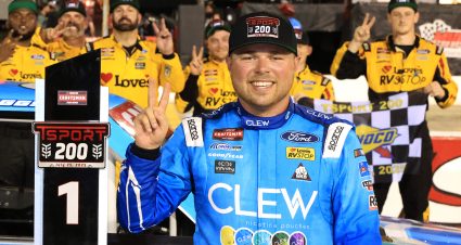 INDIANAPOLIS, INDIANA - JULY 25: Layne Riggs, driver of the #34 Clew Ford,  celebrates in victory lane after winning the NASCAR Craftsman Truck Series TSport 200 at Lucas Oil Indianapolis Raceway Park on July 25, 2025 in Indianapolis, Indiana. (Photo by Justin Casterline/Getty Images) | Getty Images