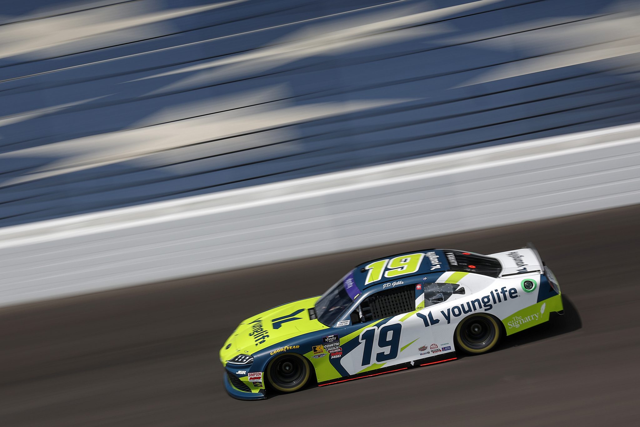 INDIANAPOLIS, INDIANA - JULY 25: Aric Almirola, driver of the #19 Young Life Toyota, drives during practice for the NASCAR Xfinity Series Pennzoil 250 at Indianapolis Motor Speedway on July 25, 2025 in Indianapolis, Indiana. (Photo by James Gilbert/Getty Images) | Getty Images