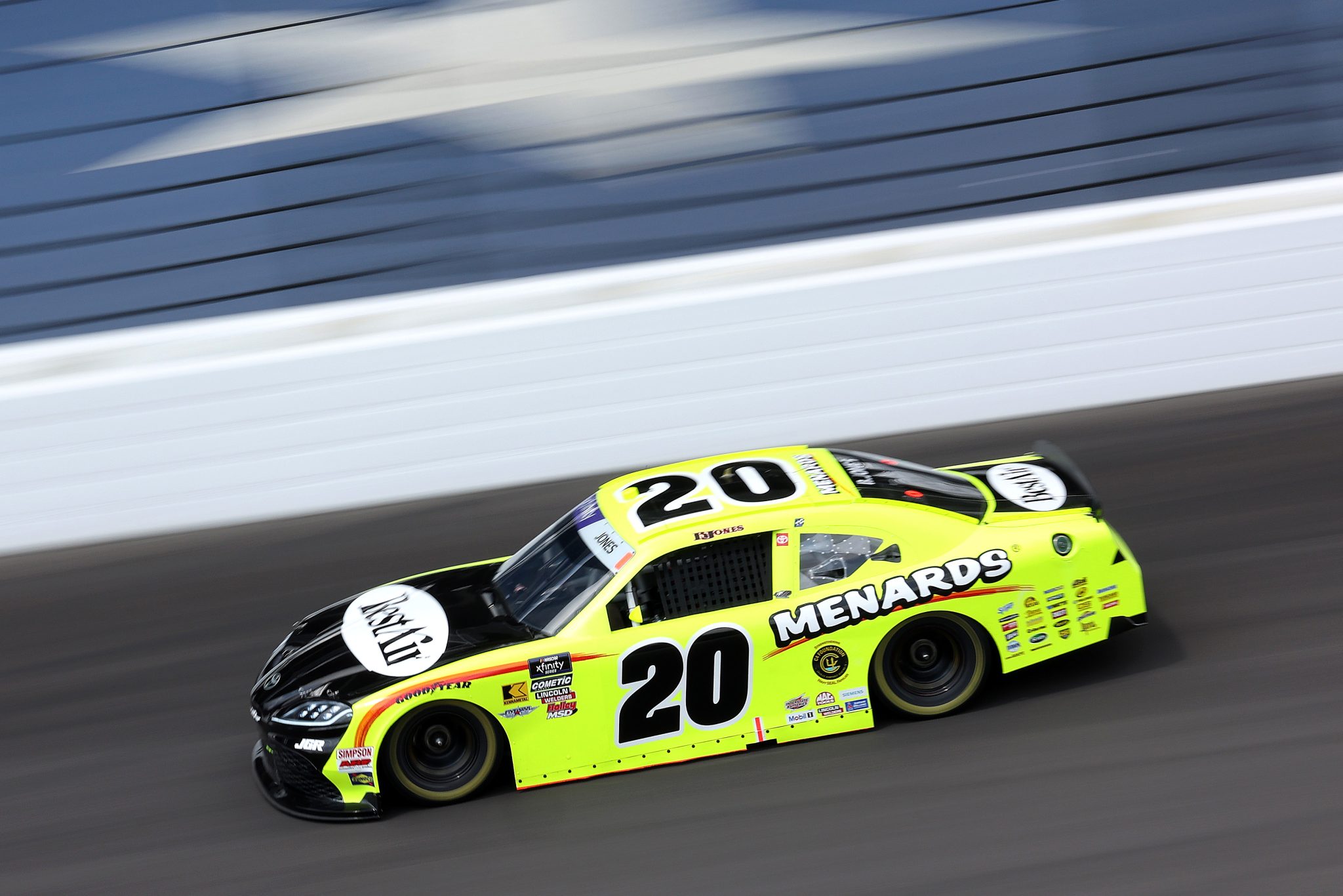 INDIANAPOLIS, INDIANA - JULY 25: Brandon Jones, driver of the #20 Menards/BestAir Toyota, drives during practice for the NASCAR Xfinity Series Pennzoil 250 at Indianapolis Motor Speedway on July 25, 2025 in Indianapolis, Indiana. (Photo by James Gilbert/Getty Images) | Getty Images