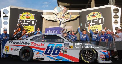 INDIANAPOLIS, INDIANA - JULY 26: Connor Zilisch, driver of the #88 WeatherTech Chevrolet, celebrates in victory lane after winning the NASCAR Xfinity Series Pennzoil 250 and JR Motorsports 100th NASCAR Xfinity Series win at Indianapolis Motor Speedway on July 26, 2025 in Indianapolis, Indiana. (Photo by Jonathan Bachman/Getty Images) | Getty Images