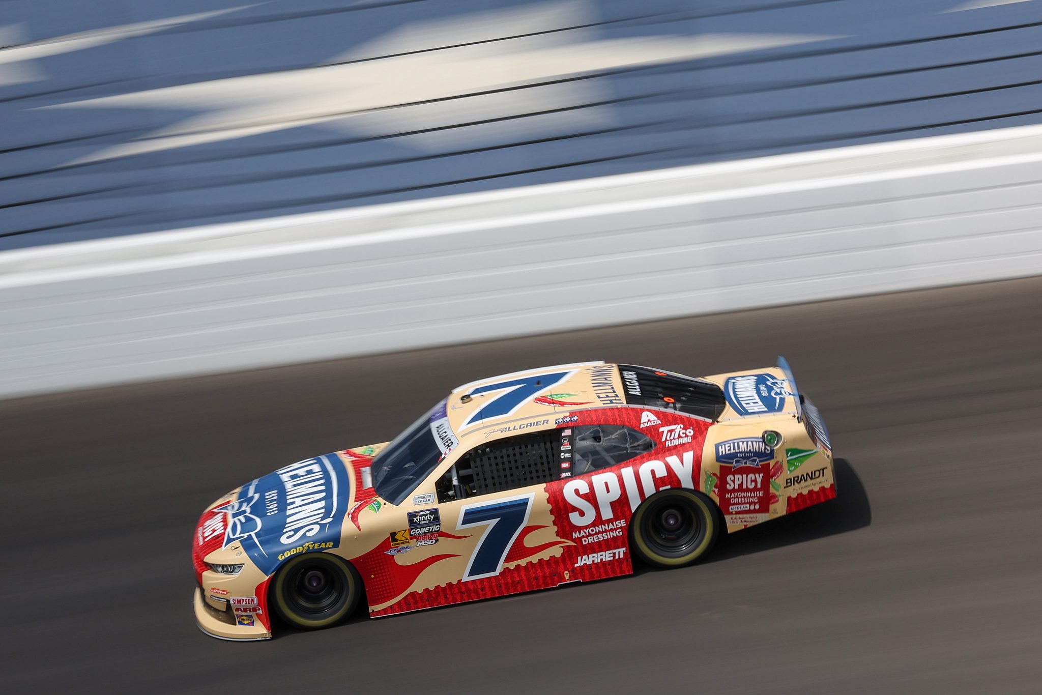 INDIANAPOLIS, INDIANA - JULY 25: Justin Allgaier, driver of the #7 Hellmann's Spicy Mayo Chevrolet, drives during practice for the NASCAR Xfinity Series Pennzoil 250 at Indianapolis Motor Speedway on July 25, 2025 in Indianapolis, Indiana. (Photo by James Gilbert/Getty Images) | Getty Images