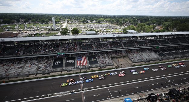 INDIANAPOLIS, INDIANA - JULY 27: A general view of racing during the NASCAR Cup Series Brickyard 400 Presented by PPG at Indianapolis Motor Speedway on July 27, 2025 in Indianapolis, Indiana. (Photo by James Gilbert/Getty Images) | Getty Images
