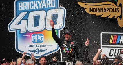 INDIANAPOLIS, INDIANA - JULY 27: Bubba Wallace, driver of the #23 Chumba Casino Toyota, celebrates in victory lane after winning the NASCAR Cup Series Brickyard 400 Presented by PPG at Indianapolis Motor Speedway on July 27, 2025 in Indianapolis, Indiana. (Photo by Jonathan Bachman/Getty Images) | Getty Images