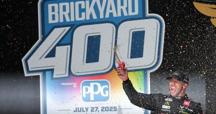 INDIANAPOLIS, INDIANA - JULY 27: Bubba Wallace, driver of the #23 Chumba Casino Toyota, celebrates in victory lane after winning the NASCAR Cup Series Brickyard 400 Presented by PPG at Indianapolis Motor Speedway on July 27, 2025 in Indianapolis, Indiana. (Photo by Jonathan Bachman/Getty Images) | Getty Images