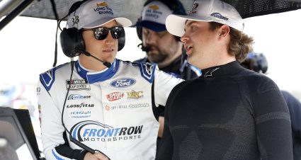 MARTINSVILLE, VIRGINIA - MARCH 29: Noah Gragson, driver of the #4 A&W Root Beer Ford, (R) speaks to Zane Smith, driver of the #38 Long John Silver's Ford,  Chevrolet, during practice for the NASCAR Cup Series Cook Out 400 at Martinsville Speedway on March 29, 2025 in Martinsville, Virginia. (Photo by Logan Riely/Getty Images) | Getty Images