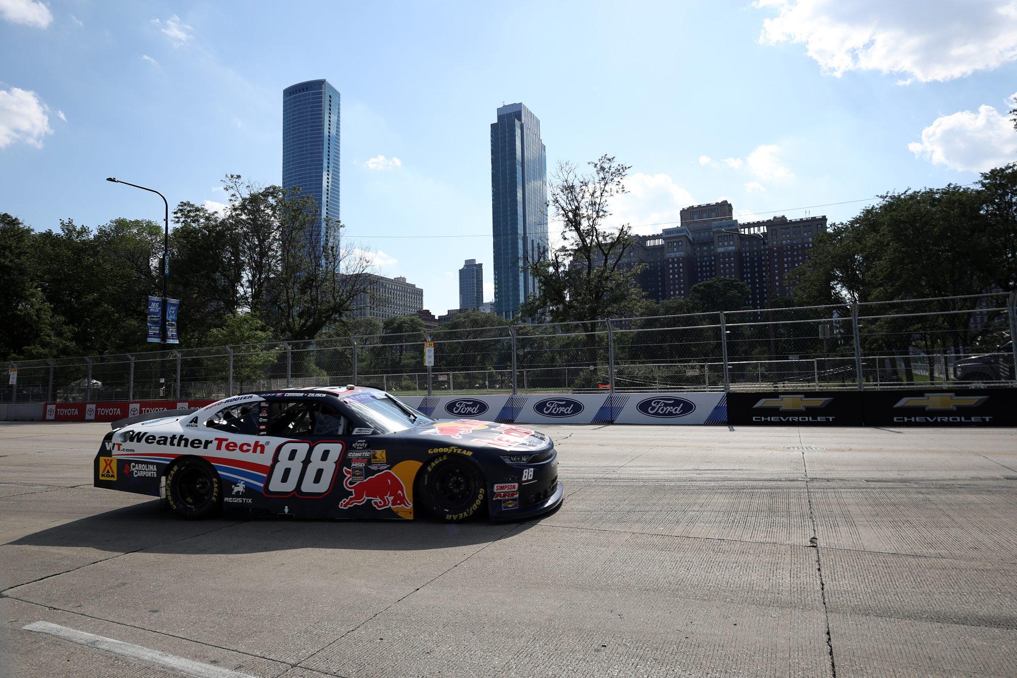 CHICAGO, ILLINOIS - JULY 05: Connor Zilisch, driver of the #88 Red Bull/WeatherTech Chevrolet, drives during the NASCAR Xfinity Series The Loop 110 at Chicago Street Course on July 05, 2025 in Chicago, Illinois. (Photo by James Gilbert/Getty Images) | Getty Images