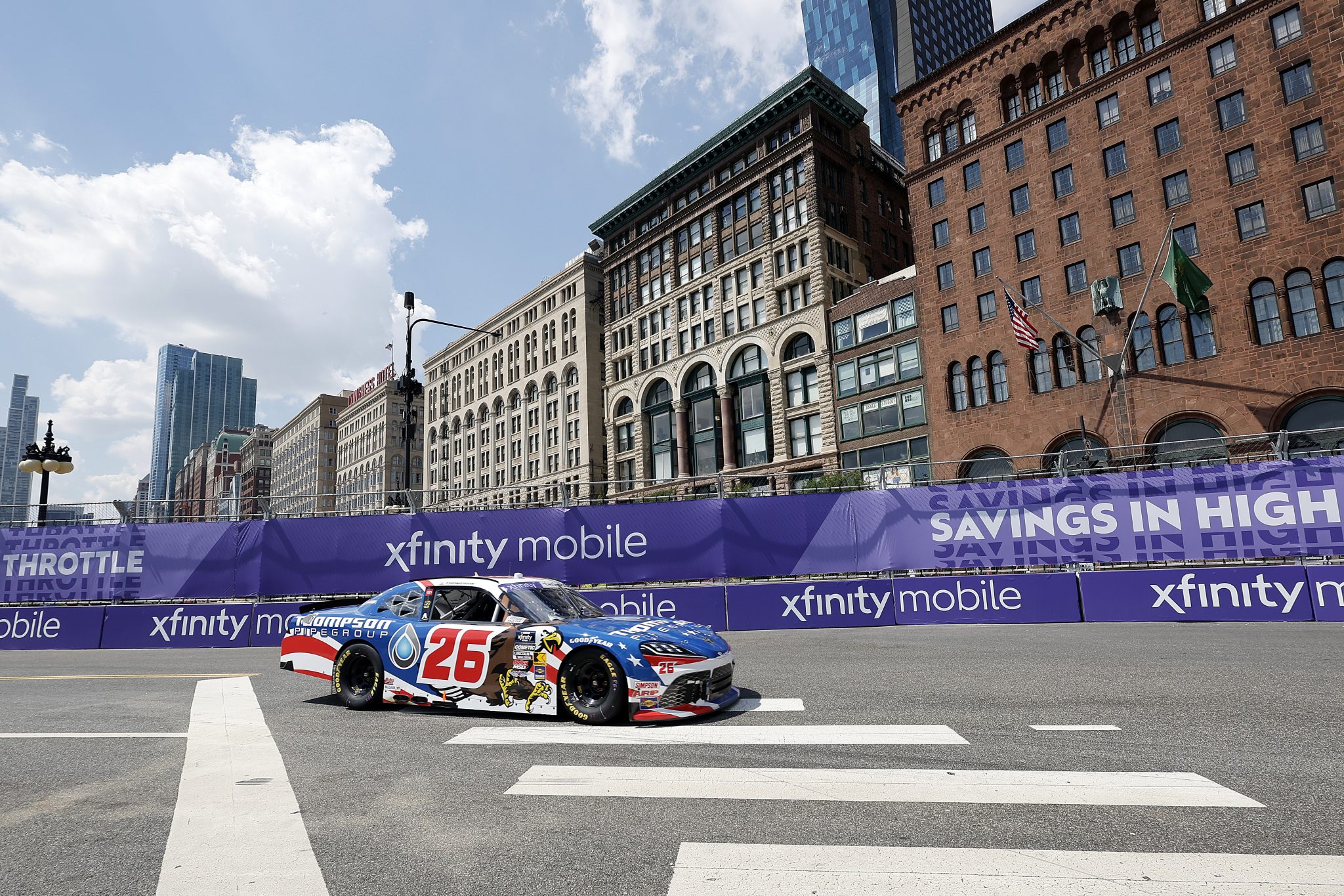CHICAGO, ILLINOIS - JULY 05: Dean Thompson, driver of the #26 Thompson Pipe Group Toyota, drives during qualifying for the NASCAR Xfinity Series The Loop 110 at Chicago Street Course on July 05, 2025 in Chicago, Illinois. (Photo by Logan Riely/Getty Images) | Getty Images