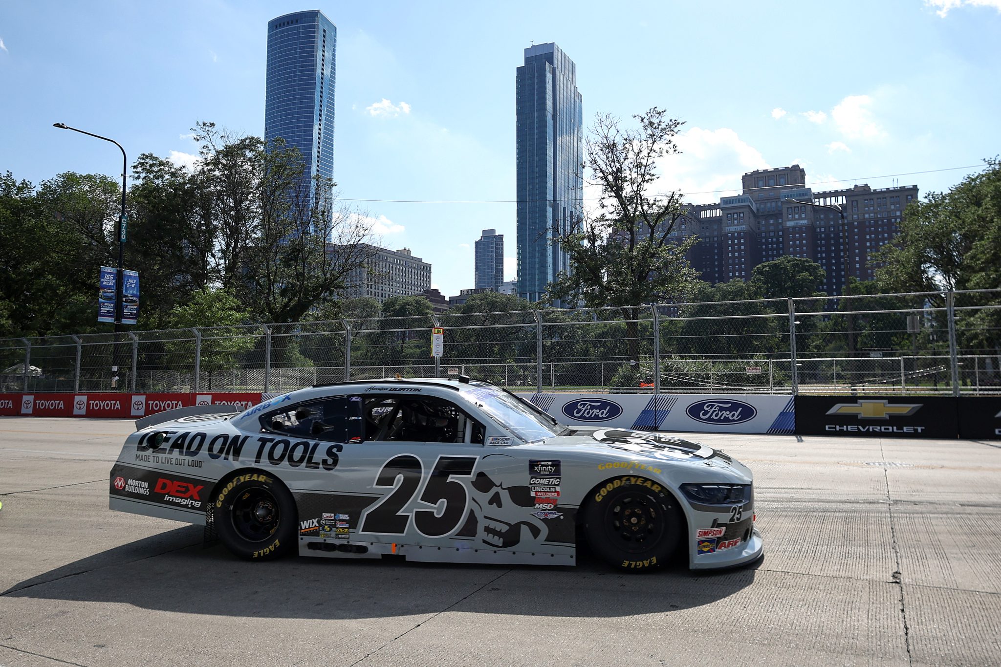 CHICAGO, ILLINOIS - JULY 05: Harrison Burton, driver of the #25 Dead On Tools Ford, drives during the NASCAR Xfinity Series The Loop 110 at Chicago Street Course on July 05, 2025 in Chicago, Illinois. (Photo by James Gilbert/Getty Images) | Getty Images