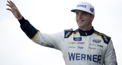 DOVER, DELAWARE - JULY 19: Blaine Perkins, driver of the #31 Werner Chevrolet, gives a waves to fans as he walks onstage during driver intros prior to the NASCAR Xfinity Series BetRivers 200 at Dover Motor Speedway on July 19, 2025 in Dover, Delaware. (Photo by Sean Gardner/Getty Images) | Getty Images