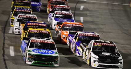 RICHMOND, VIRGINIA - AUGUST 10: Ty Majeski, driver of the #98 Soda Sense/Curb Records Ford, and Grant Enfinger, driver of the #9 Grant County Mulch Chevrolet, race during the NASCAR Craftsman Truck Series Clean Harbors 250 at Richmond Raceway on August 10, 2024 in Richmond, Virginia. (Photo by Logan Whitton/Getty Images) | Getty Images