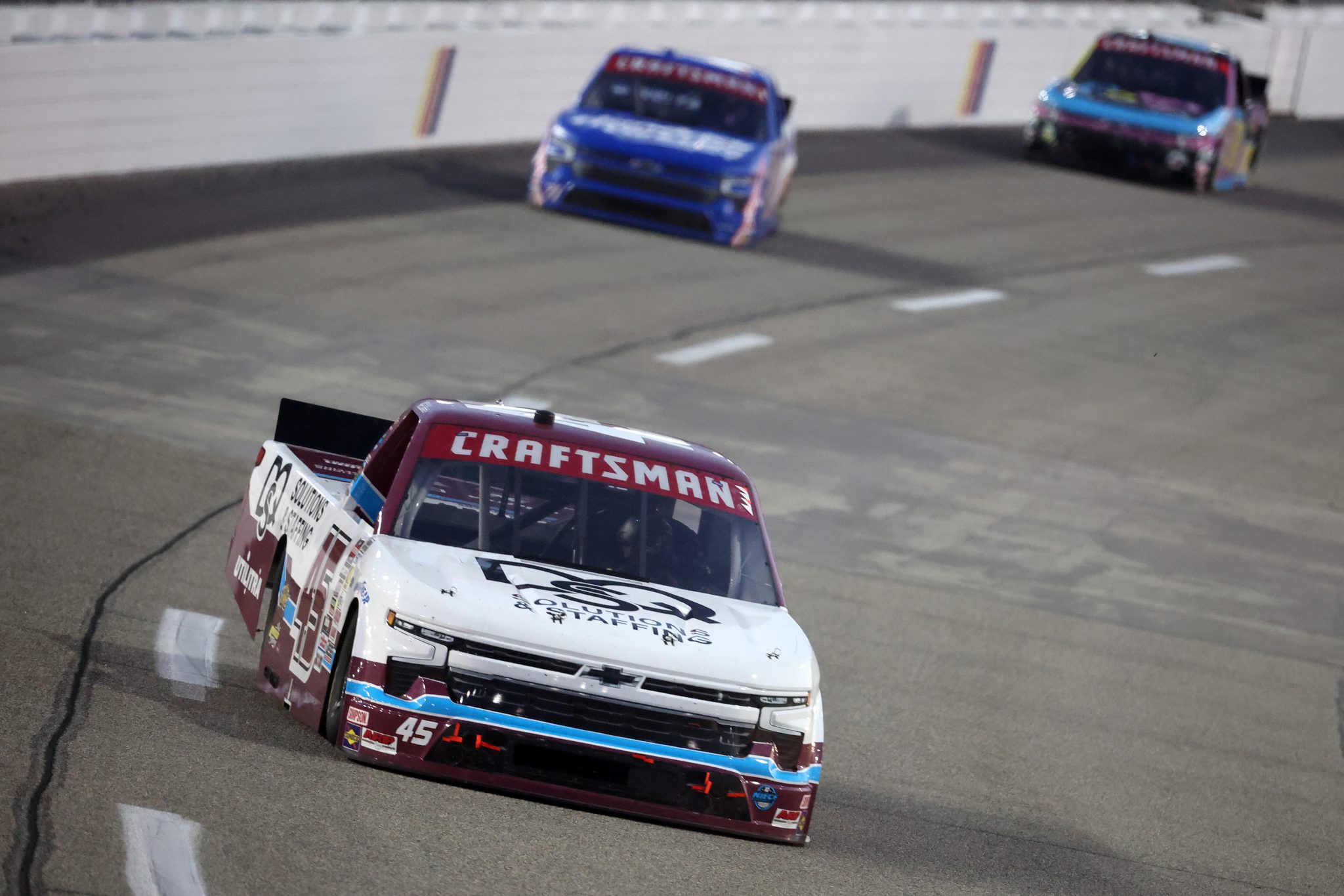 RICHMOND, VIRGINIA - AUGUST 15: Bayley Currey, driver of the #45 DQS Solutions & Staffing Chevrolet, drives during the NASCAR Craftsman Truck Series eero 250 at Richmond Raceway on August 15, 2025 in Richmond, Virginia. (Photo by Chris Graythen/Getty Images) | Getty Images