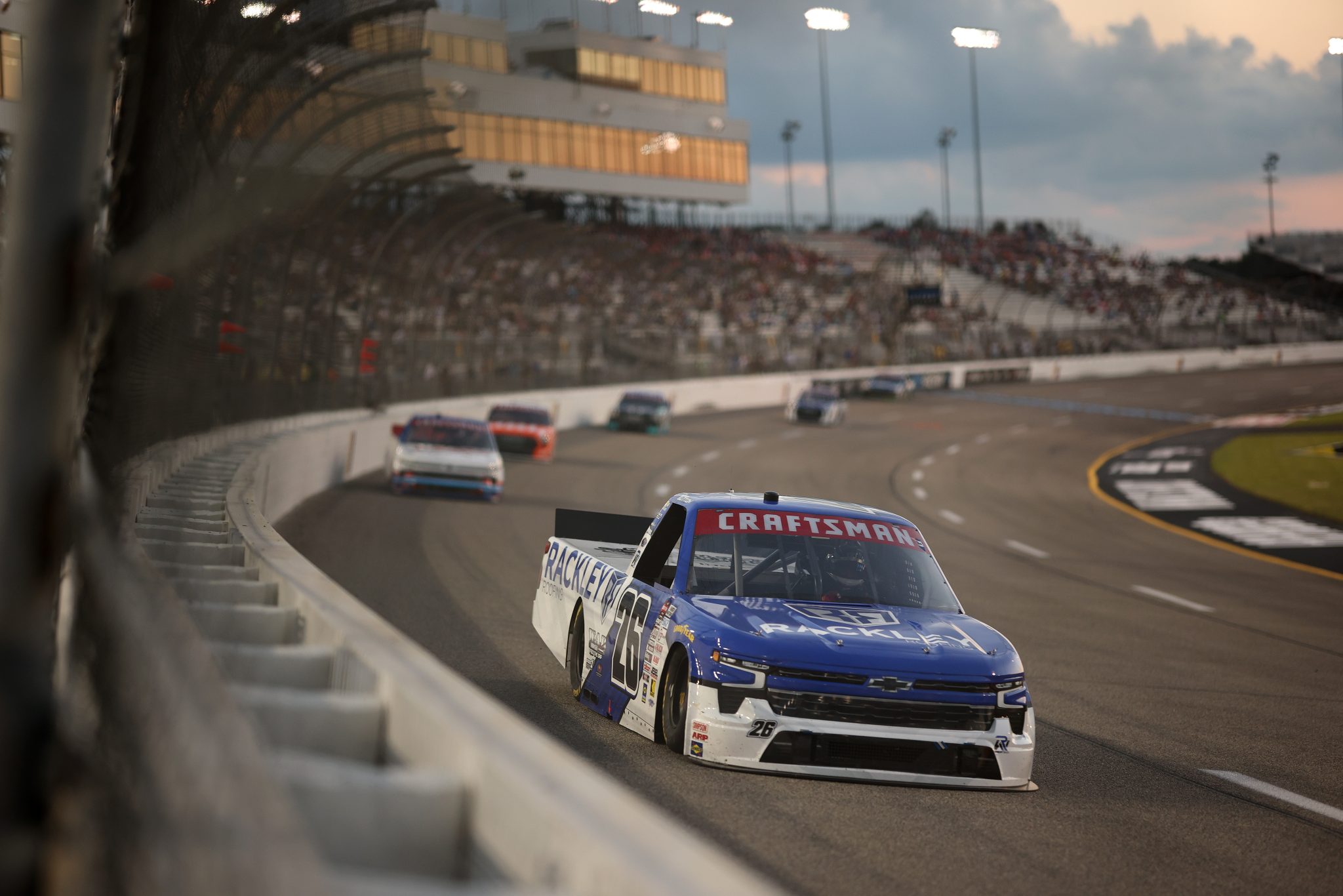 RICHMOND, VIRGINIA - AUGUST 15: Dawson Sutton, driver of the #26 Rackley Roofing Chevrolet, drives during the NASCAR Craftsman Truck Series eero 250 at Richmond Raceway on August 15, 2025 in Richmond, Virginia. (Photo by Chris Graythen/Getty Images) | Getty Images