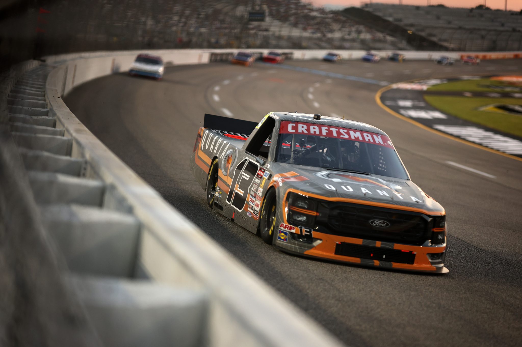 RICHMOND, VIRGINIA - AUGUST 15: Jake Garcia, driver of the #13 Quanta Services Ford, drives during the NASCAR Craftsman Truck Series eero 250 at Richmond Raceway on August 15, 2025 in Richmond, Virginia. (Photo by Chris Graythen/Getty Images) | Getty Images